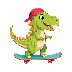 Obraz premium Cute cartoon dinosaur riding a skateboard. Funny green T-rex character in a red cap enjoying a youthful hobby, isolated vector illustration.