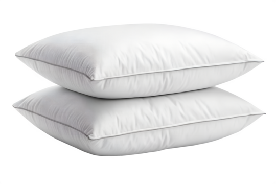 Two luxurious white feather bed pillows stacked neatly, offering ultimate comfort and softness for a restful night's sleep, isolated on a clean background.