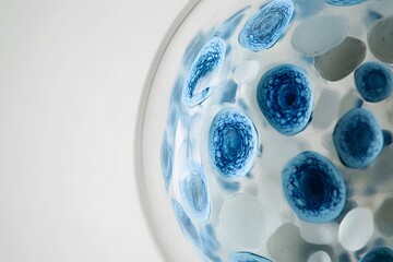 A close-up of blue and white cells in an organic sphere, with the background being a blurred light gradient from dark to bright, creating a soft-focus effect. 