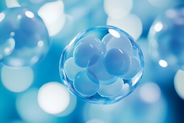 A close-up of blue and white cells in an organic sphere, with the background being a blurred light gradient from dark to bright, creating a soft-focus effect. 