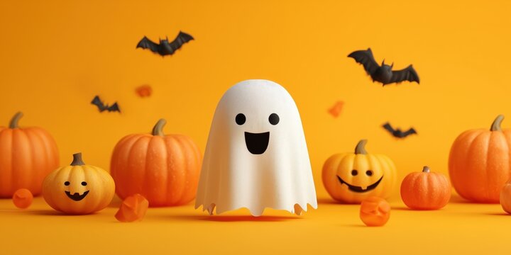 Smiling ghost with pumpkins and bats on a bright orange background - Powered by Adobe