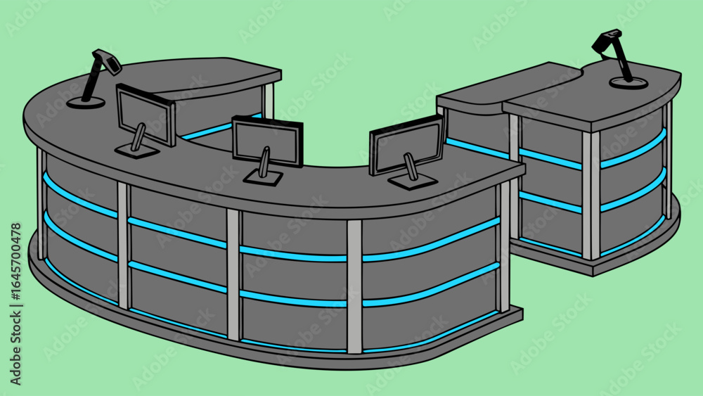 Poster modern reception desk with computers and microphones illustration.