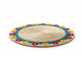 Colorful natural mat from straw with decorative patterns isolated on white background
