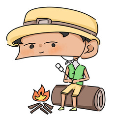 the boy is camping and toast marshmallows