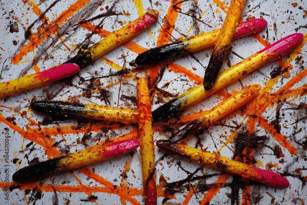 Poster colorful sticks scattered on a surface create an artistic display of creativity and chaos during a v