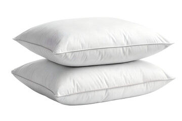 Two fluffy white bed pillows stacked on top of each other against a clean white background, ready for a good night's sleep
