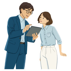 Fototapeta premium Collaborative professionals discuss digital strategy on tablet in modern office setting