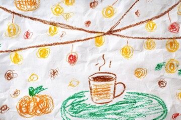 Warm beverage on a table surrounded by colorful decorations at a cozy autumn gathering