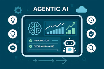 Agentic AI:  Modern Flat Design Illustration Showing Automation, Decision Making, and Growth Metrics.