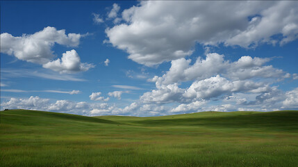 Obraz premium A vibrant green meadow under a clear blue sky speckled with white fluffy clouds (2)