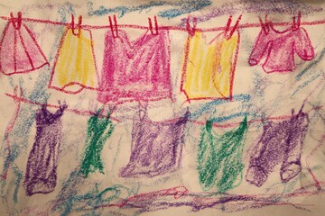 Colorful laundry hanging on a clothesline with vibrant pastel drawings in a sunny outdoor setting