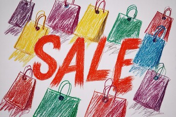 Brightly colored shopping bags surround bold sale announcement encouraging festive shopping for bargains