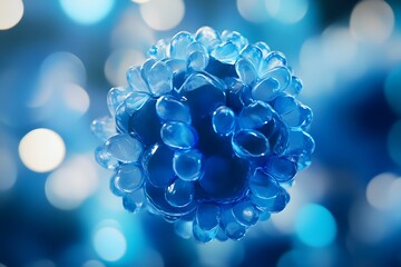 A close-up of blue and white cells in an organic sphere, with the background being a blurred light gradient from dark to bright, creating a soft-focus effect. 