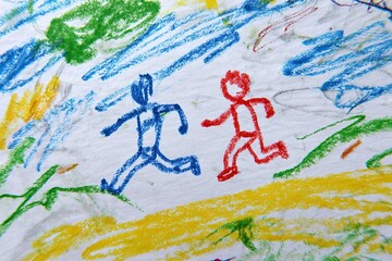 Two children running together in a vibrant crayon drawing of a sunny outdoor landscape