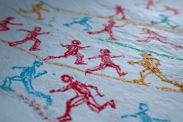 Colorful chalk drawings of running figures on textured paper showcasing movement and activity
