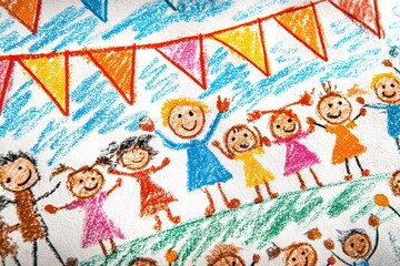 Colorful drawing of children celebrating at a festival with bunting under a bright sky