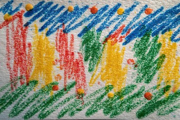 Colorful abstract artwork created with crayon on textured paper showcasing playful patterns and vibrant hues