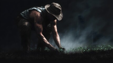 Obraz premium Farmer planting seedlings by hand in a dimly lit field