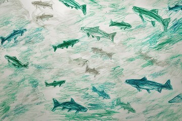 Schools of fish swimming in a vibrant underwater drawing created with colored chalk on textured paper