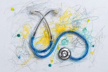 Medical stethoscope arranged artistically on a vibrant, colorful background showcasing creativity and healthcare