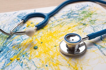 Colorful art with a stethoscope highlighting the connection between healthcare and creativity in a medical setting
