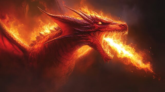 Fiery red dragon breathing flames with sharp teeth and horns in a dark fantasy setting illustration - Powered by Adobe