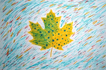 Colorful autumn leaf artwork created with markers showcasing vibrant blue and orange background in abstract style