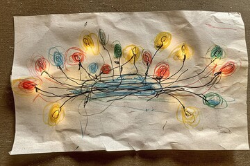 Creative children's drawing of colorful balloons on wrinkled paper with vibrant swirls