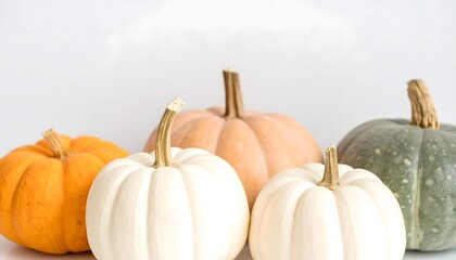 A beautiful autumn harvest collection of colorful heirloom pumpkins and gourds on a clean white background.
