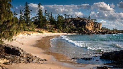 Fototapeta premium Sandy beach meets a rocky headland under a partly cloudy sky.