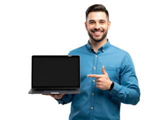 Smiling Man in Blue Shirt Holding Laptop and Pointing at It on Transparent Background.
