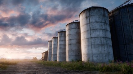 Obraz premium Towering Silos at Sunset on a Rural Farm