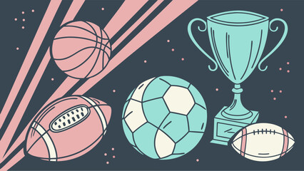PastelColored Sports Trophy with Balls Basketball Soccer and American Football.