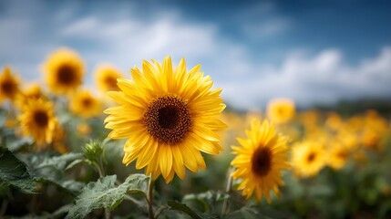 Fototapeta premium Vibrant sunflower field under a clear blue sky