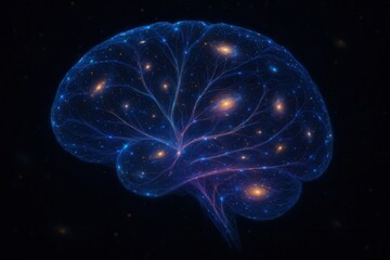 Abstract brain with glowing neurons and cosmic galaxy patterns