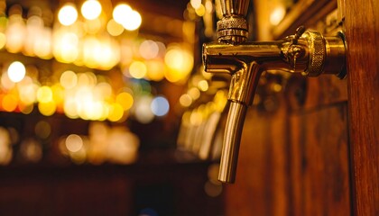 Shiny brass beer taps on a wooden bar counter with warm glowing bokeh lights, ready for an Oktoberfest celebration.