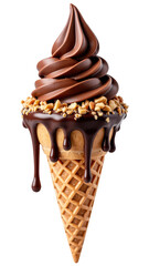 Delicious chocolate soft serve ice cream topped with nuts and drizzled with chocolate sauce in waffle cone, perfect for sweet treat
