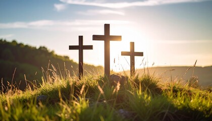 Three wooden crosses stand atop a grassy hill, silhouetted against the sunset.