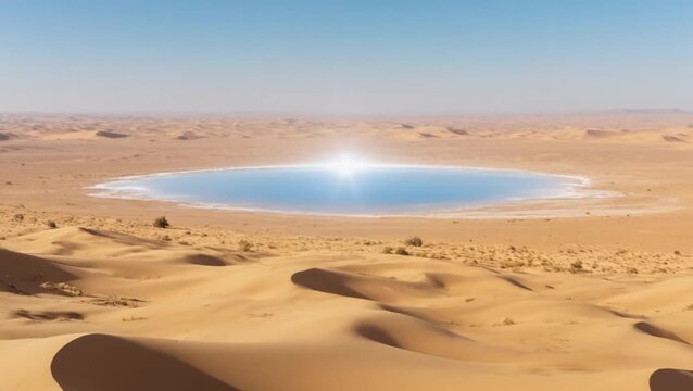 Desert landscape with shimmering oasis under clear blue sky  