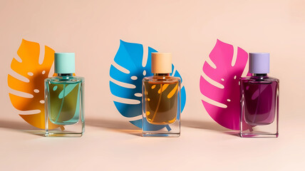 Aesthetic collection of colorful perfume bottles with bright tropical paper leaf cutouts, modern fragrance concept