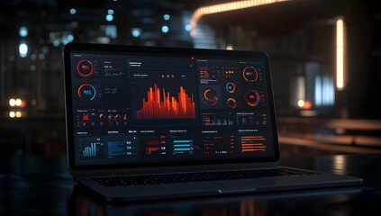 3D rendering of a data visualization dashboard with graphs and charts, a laptop computer displaying social media marketing analytics on the screen, against a dark background with focused lighting,