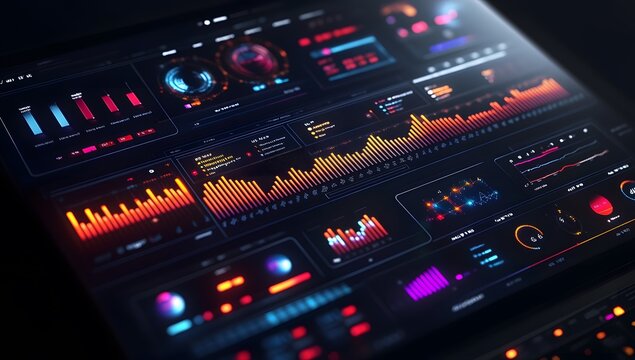 3D rendering of a data visualization dashboard with graphs and charts, a laptop computer displaying social media marketing analytics on the screen, against a dark background with focused lighting, - Powered by Adobe