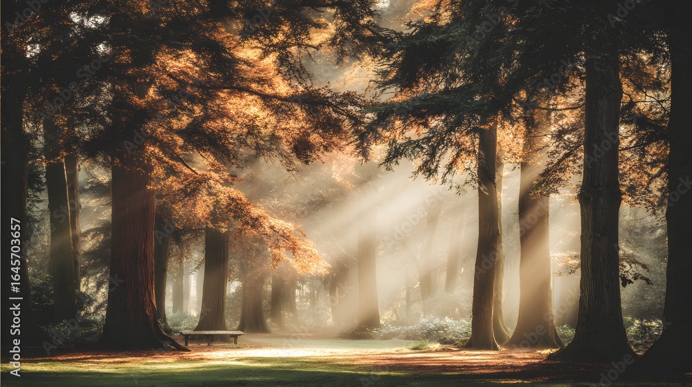 Poster sunlight streams through a misty forest, illuminating a tranquil path.