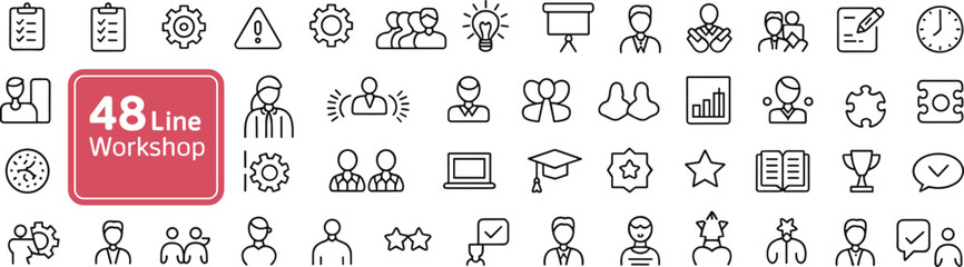 48 line workshop icons, business and productivity symbols, professional training, teamwork, leadership, success, strategy, development, planning, vector illustration