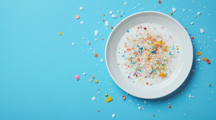 Colorful sprinkles scattered on a white plate against a blue background.