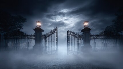 Creepy Graveyard Gates Halloween Banner Half-Open in Swirling Fog ,Happy halloween, halloween banner, halloween banner with copy space for text. 