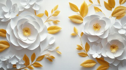 White and gold paper flowers and leaves on white background.