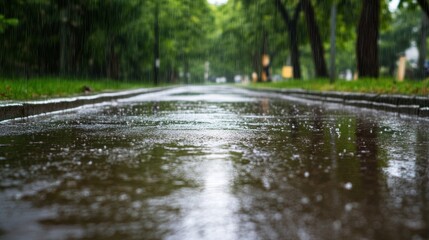 Wet pavement path in park after rain.