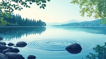 Serene lake scene with calm water, ripples, rocks, and forest in background.
