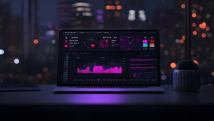 3D rendering of a data visualization dashboard with graphs and charts, a laptop computer displaying social media marketing analytics on the screen, against a dark background with focused lighting,